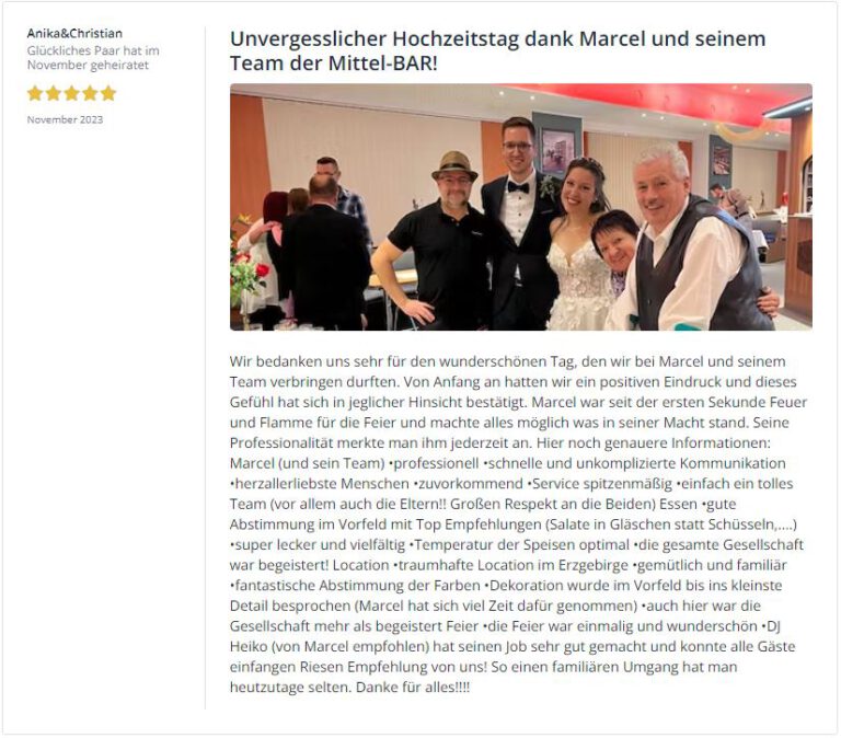 grossartige Bewertungen Mittel-BAR Erzgebirge Schönheide Hochzeitslocation